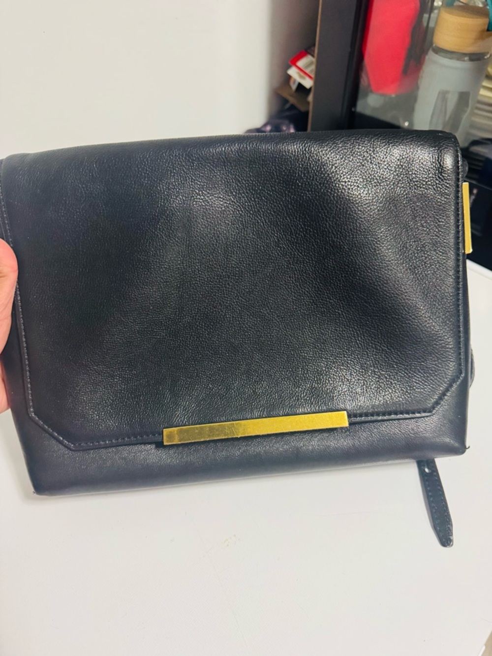 J. Crew Black Leather Crossbody with Gold Bar Accent